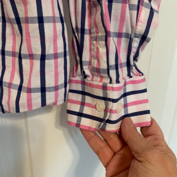 Men's Simply Southern Plaid Long Sleeve Button Up White Navy Pink Shirt XL - Picture 3 of 12